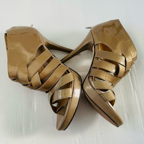 Stuart Weitzman patent leather tan cross cross strappy high heels size 7.5 - Picture 3 of 9